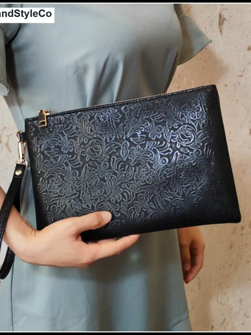 Floral Embossed PU Leather Wristlet Clutch with Detachable Strap, Zipper